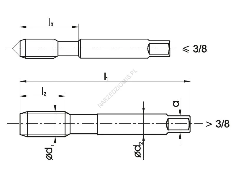 Rysunek techniczny: Gwintownik ręczny DIN 352/3 UNC/3 3/8" 16zw. 2B HSS